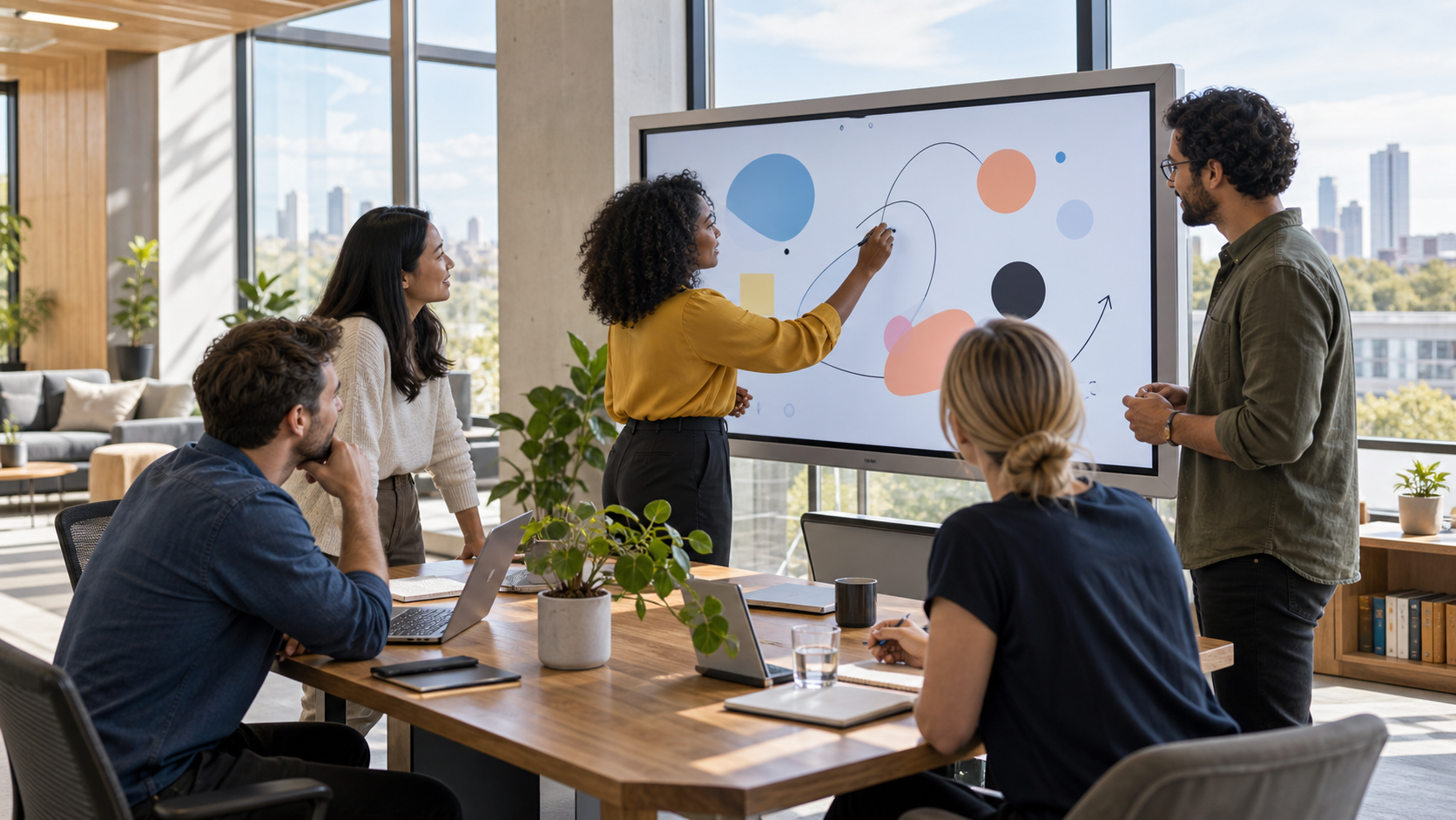 Equipe co-creant sur un tableau numerique